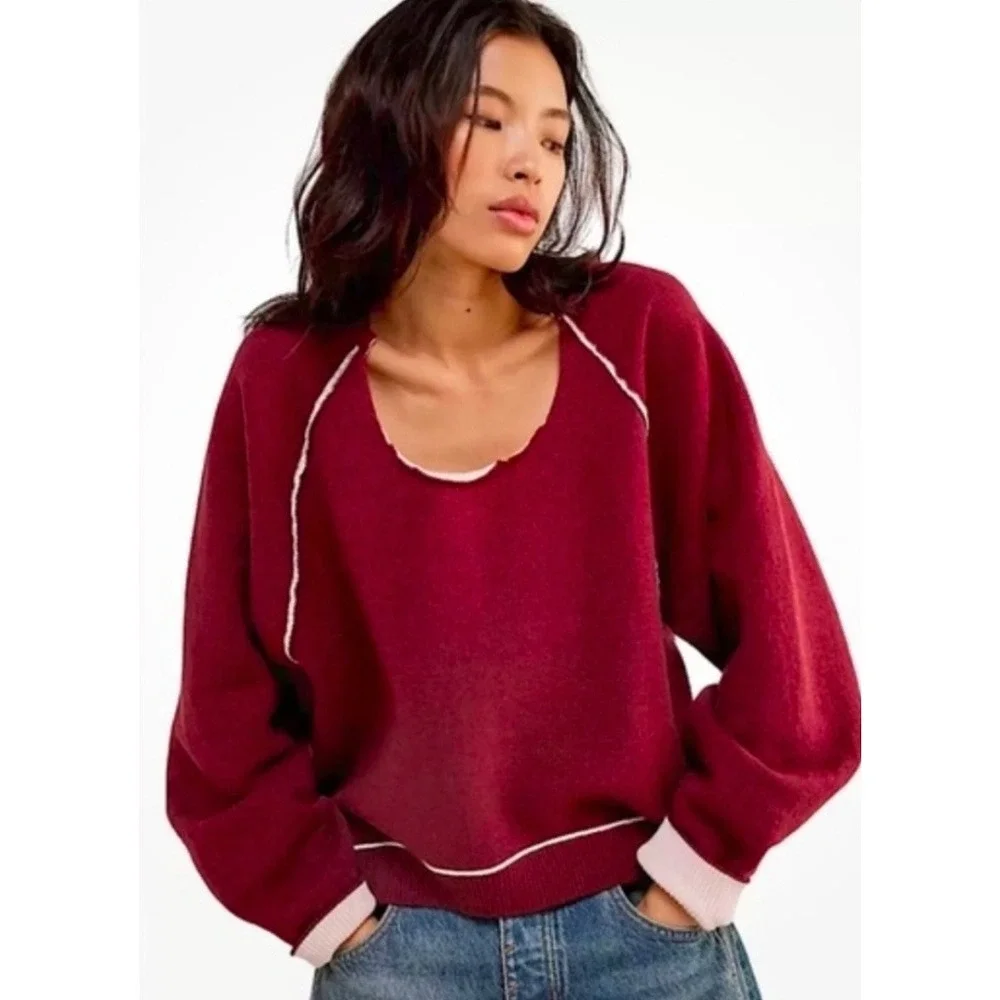 We The Free Midnight Pullover Free People‎ Burgundy Pink Oversized Sweatshirt M